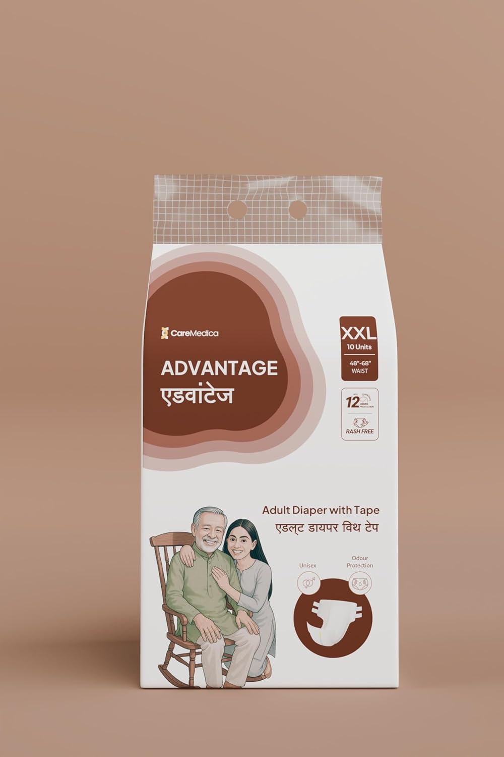 CareMedica Advantage Adult Diaper with Tape – Unisex, Rash-Free, 12-Hour Protection (M, L, XL, XXL Sizes Available)
