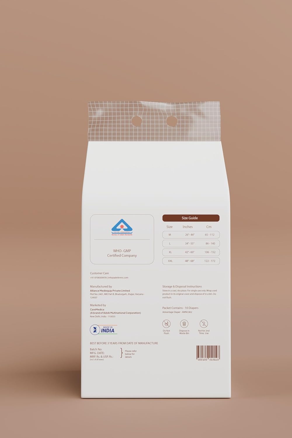 CareMedica Advantage Adult Diaper with Tape – Unisex, Rash-Free, 12-Hour Protection (M, L, XL, XXL Sizes Available)