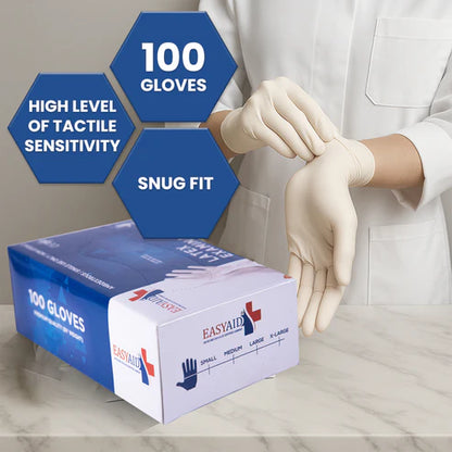 EASYAID Latex Examination Gloves Lightly Powdered, Milky White – 100 Pcs