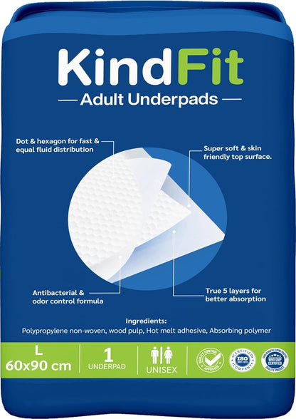 KindFit Adult Underpads L Size (60x90 cm) – Heavy Duty Absorbent, Disposable, Unisex – 1 Pc
