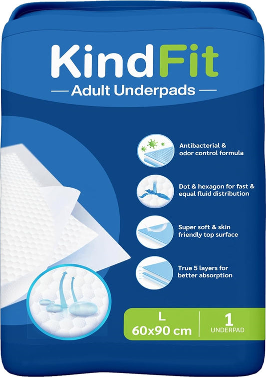 KindFit Adult Underpads L Size (60x90 cm) – Heavy Duty Absorbent, Disposable, Unisex – 1 Pc