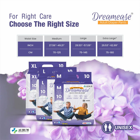 Dreamease Adult Tape Diapers for Men & Women | Overnight Incontinence Care | Refastenable Tapes | Unisex (Pack of 10)