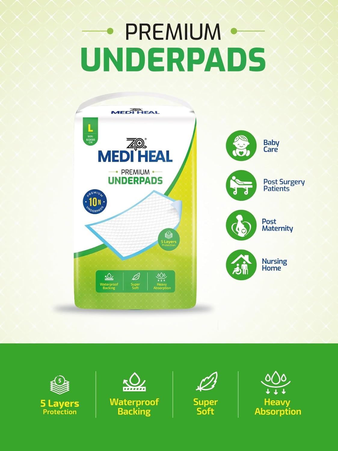 Medi Heal Premium Underpads – 5-Layer, Waterproof, Large 60x90 cm Pack of 10