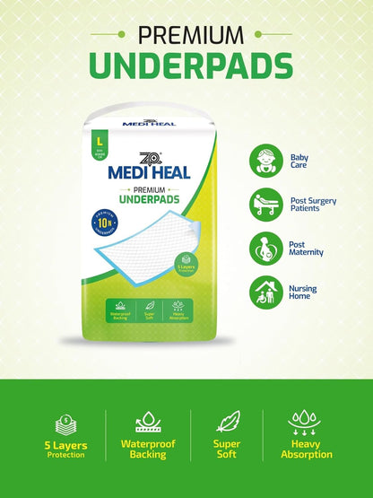 Medi Heal Premium Underpads – 5-Layer, Waterproof, Large 60x90 cm Pack of 10