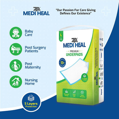Medi Heal Premium Underpads – 5-Layer, Waterproof, Large 60x90 cm Pack of 10