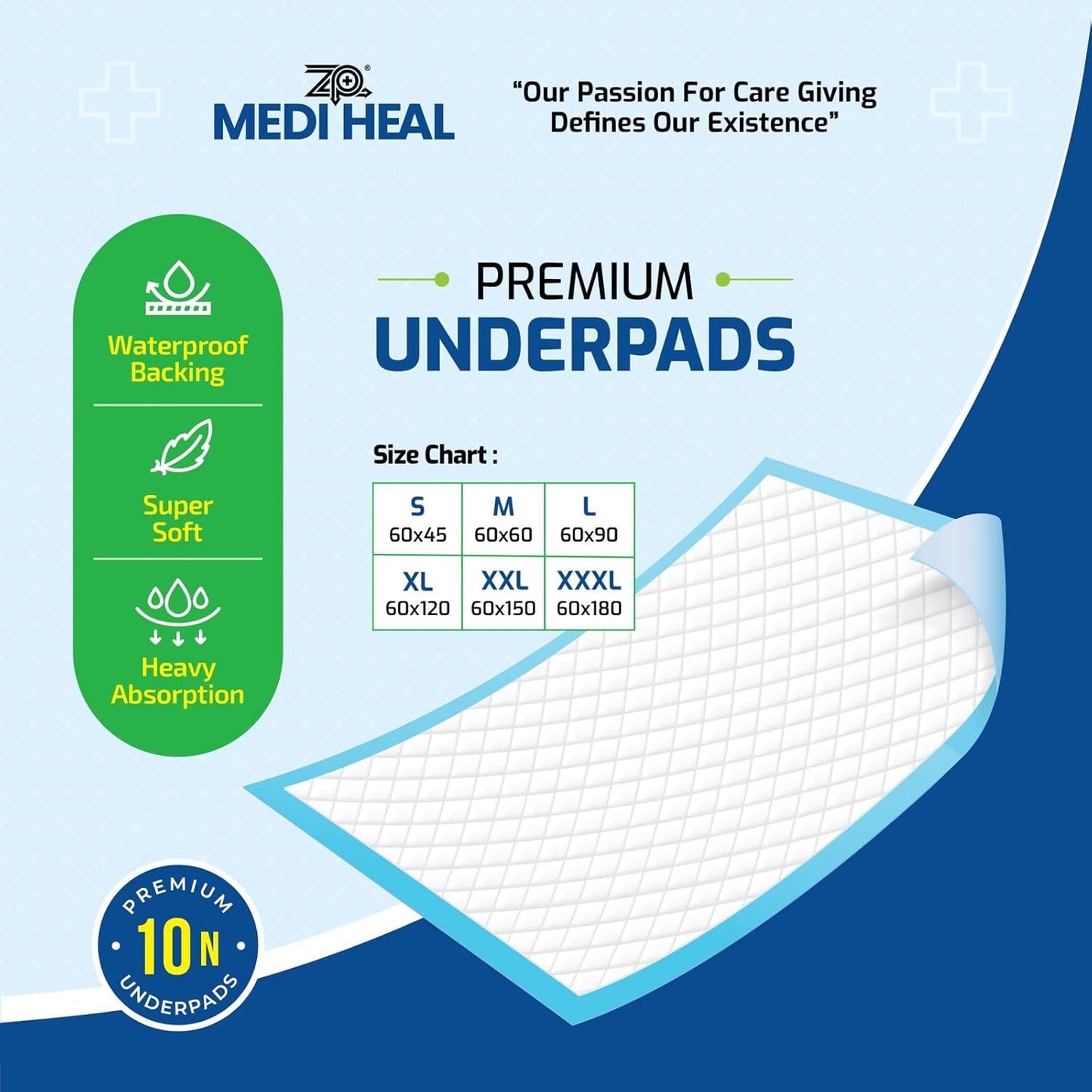 Medi Heal Premium Underpads – 5-Layer, Waterproof, Large 60x90 cm Pack of 10